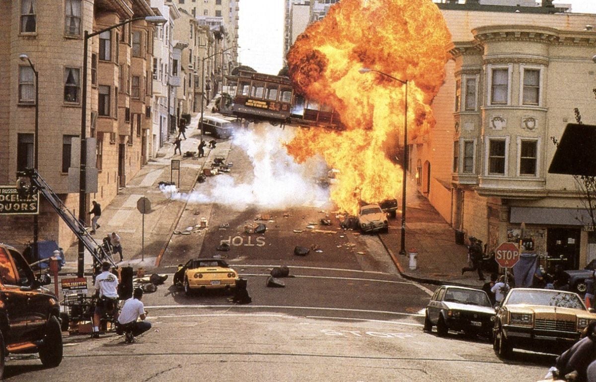 Mayhem is the order of the day on location in San Francisco as a cable car is launched skyward during a chase sequence. Schwartzman added camera shake and rattle to enhance the impact.