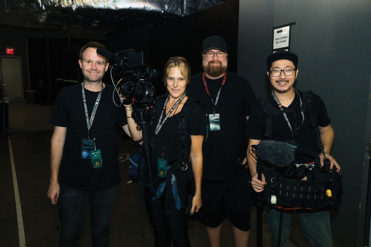 Rosher backstage with (from left) producer Trevor Smith, Cutler and sound recordist Jae Kim.