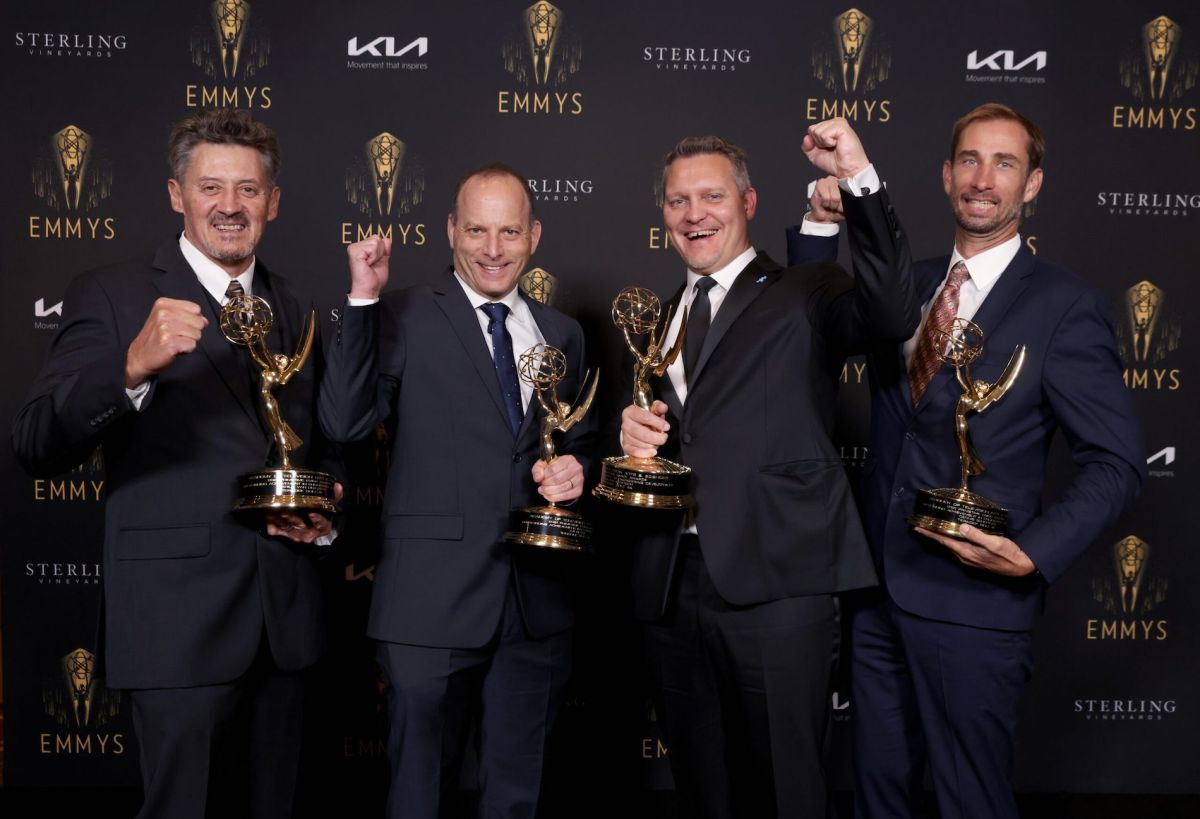 From left: Marius van der Watt, Zvi Reznic, Nicolaas Verheem and Dennis Scheftner pose with Teradek's Engineering Emmy. (Photo by Mark Von Holden/Invision for The Television Academy/AP Images)