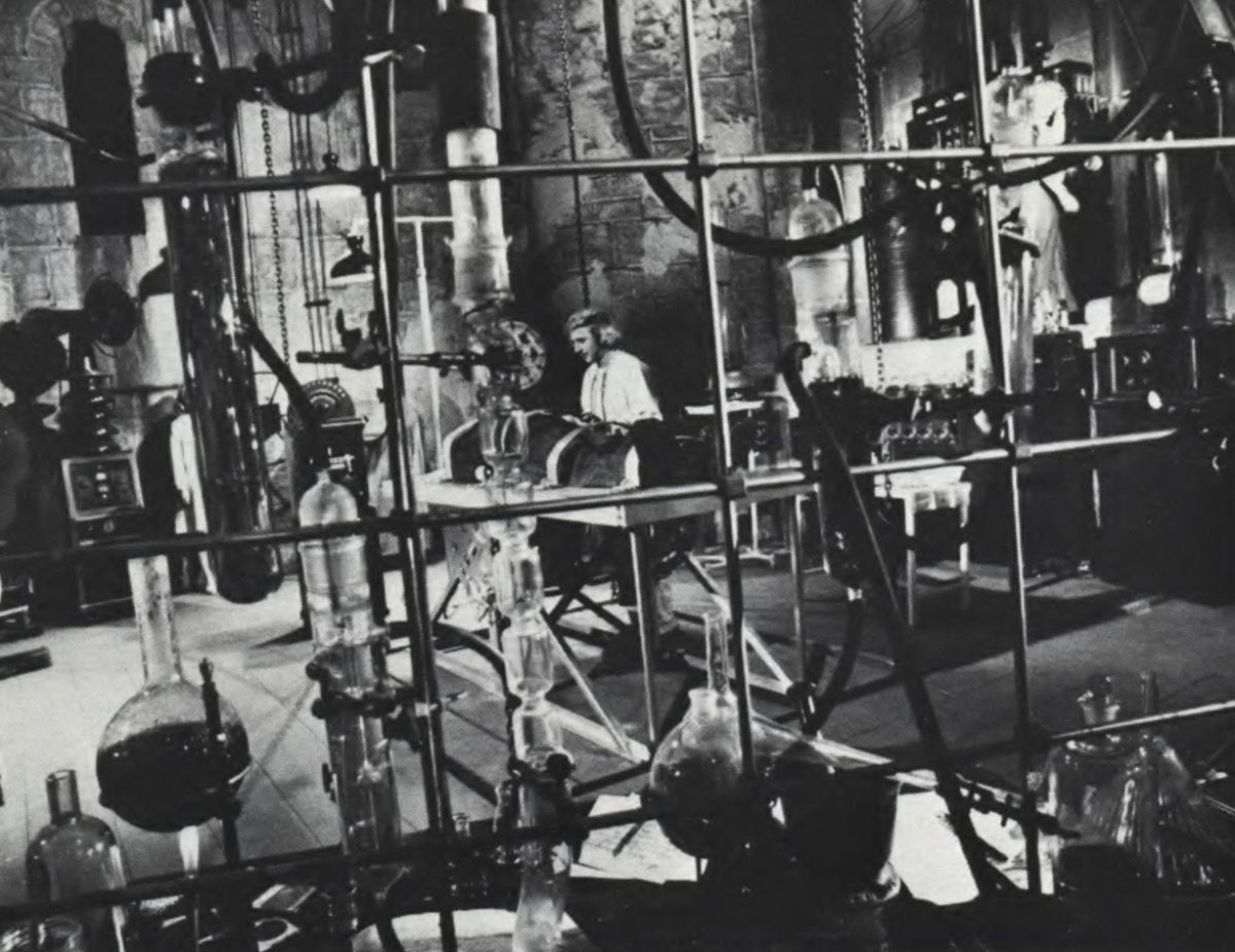 Dr. Frankenstein gives a last-minute check to his “creation,” before being hoisted through the roof of his laboratory by his able assistants, Inga and Igor. Some of this awesome array of lab equipment was used in the original Frankenstein film made by Universal in 1931.