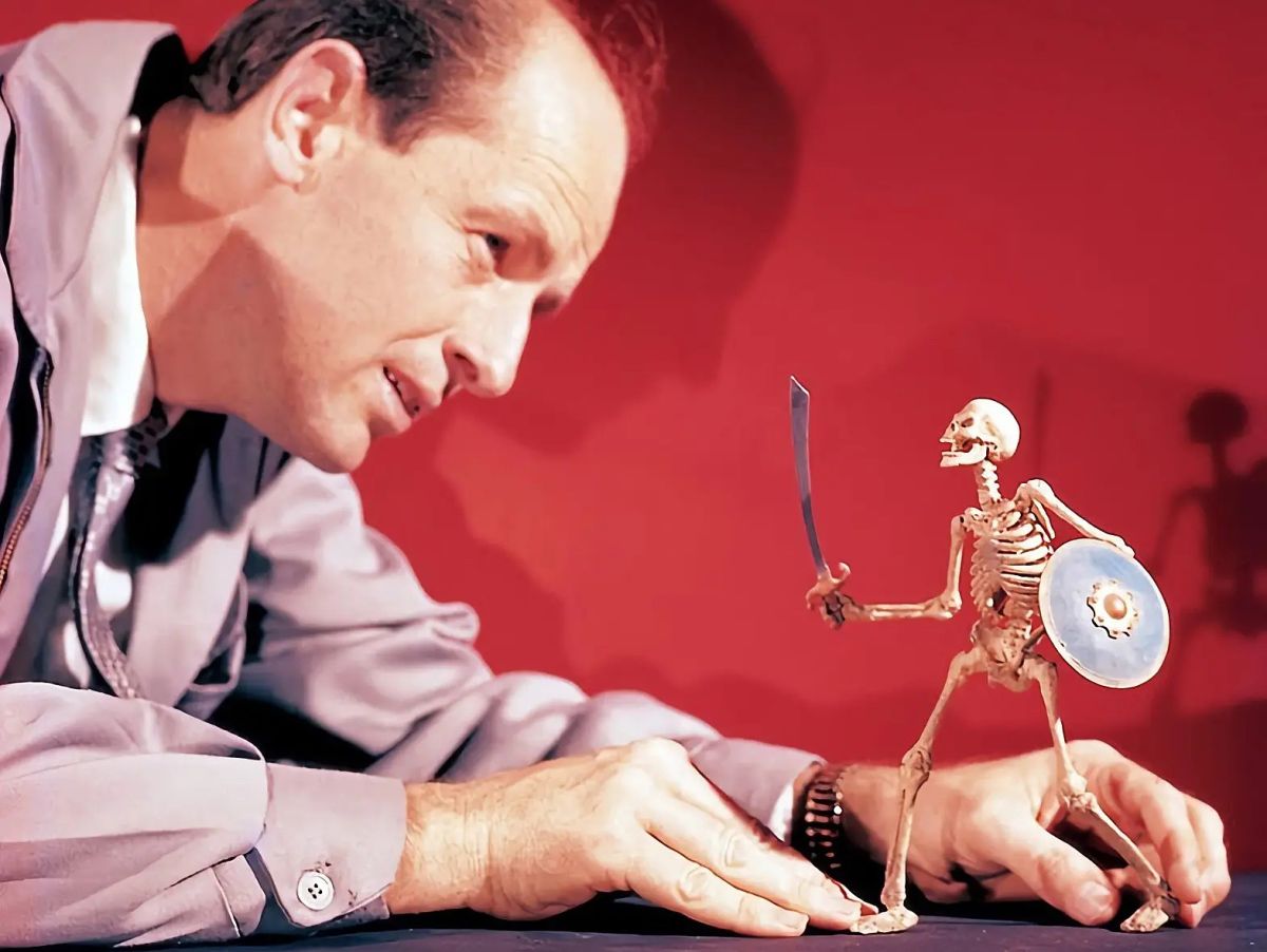 Harryhausen animating one of the skeleton swordsmen.