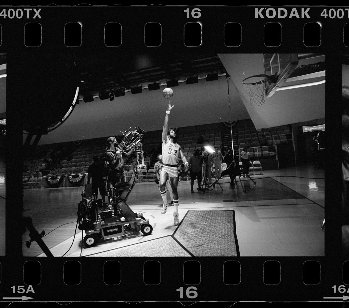 Crewmembers capture a shot of Solomon Hughes, as Kareem Abdul-Jabbar, shooting Kareem’s patented “sky hook.”