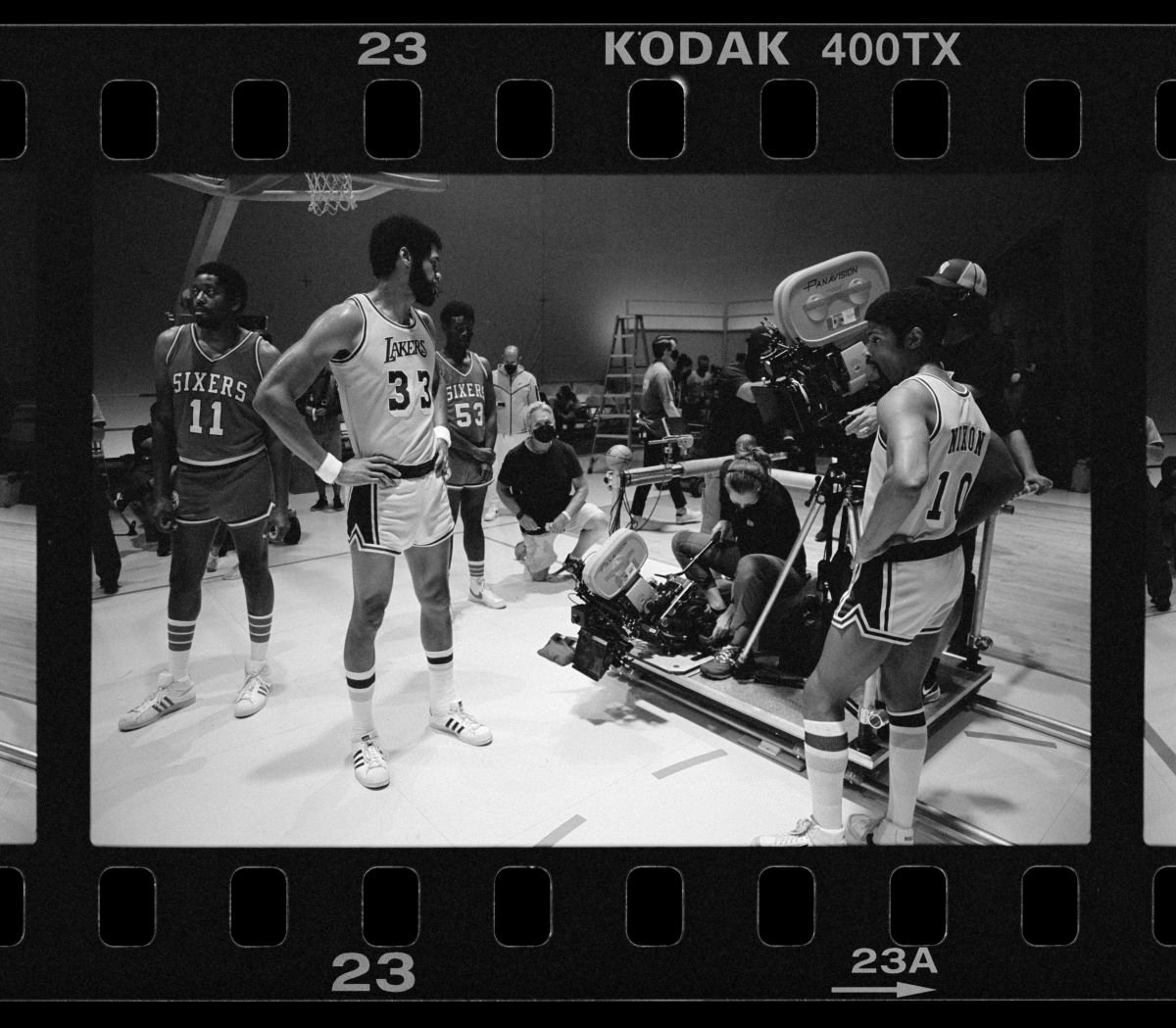 Prepping a dolly shot for a game sequence in which the Lakers battle the Philadelphia 76ers.
