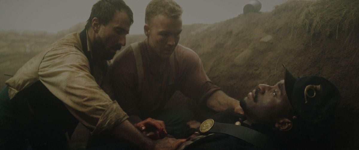 Alex Hurt, Angus O'Brien and Motell Gyn Foster in a scene set during the American Civil War. (Image credit Glass Eye Pix)