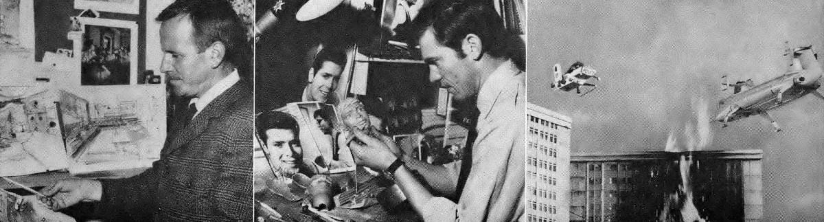 Left: The art director considers rough designs which will evolve into highly detailed working sets. Sets are as carefully planned as for a live-action feature and must be able to stand close scrutiny of the lens. Center: Working from photographs, an artist in the puppet construction department models a head. Right: An aerial police craft approaches as model building burns in the background.
