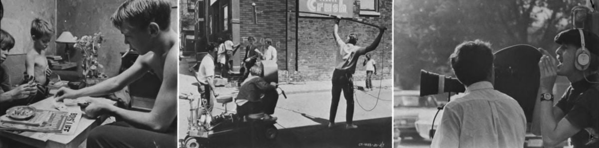 (Left) A natural interior lighting effect was achieved by means of bounced light augmented by a very little modeling light for emphasis. (Center) A sound technician positions the microphone for dolly shot through the streets of Chicago. (Right) Wexler directs a scene wearing earphones so that he could hear the dialogue above street noises. He claims that the effect was similar to watching the scenes projected in a theater with extraneous noises eliminated.