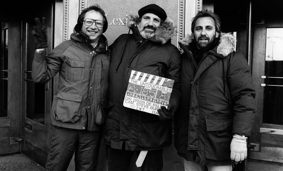 Burum, De Palma and 1st AD Joe Napolitano on the set of The Untouchables (1987).