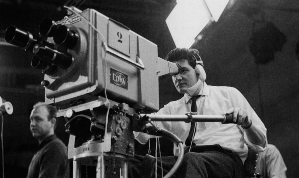 A youthful Ballhaus operates a broadcast camera during his television days in Baden-Baden.