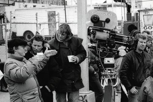 Director Alan Parker (left) works out a setup with cinematographer Michael Seresin, BSC (next to Parker), and camera operator Mike Roberts. Standing in front of the camera is 1st AC Eamon O’Keefe. 