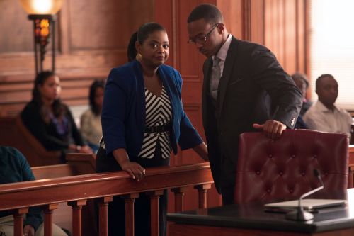 Rowena (Octavia Spencer) and Jeremiah (Anthony Mackie) confer in the courtroom.