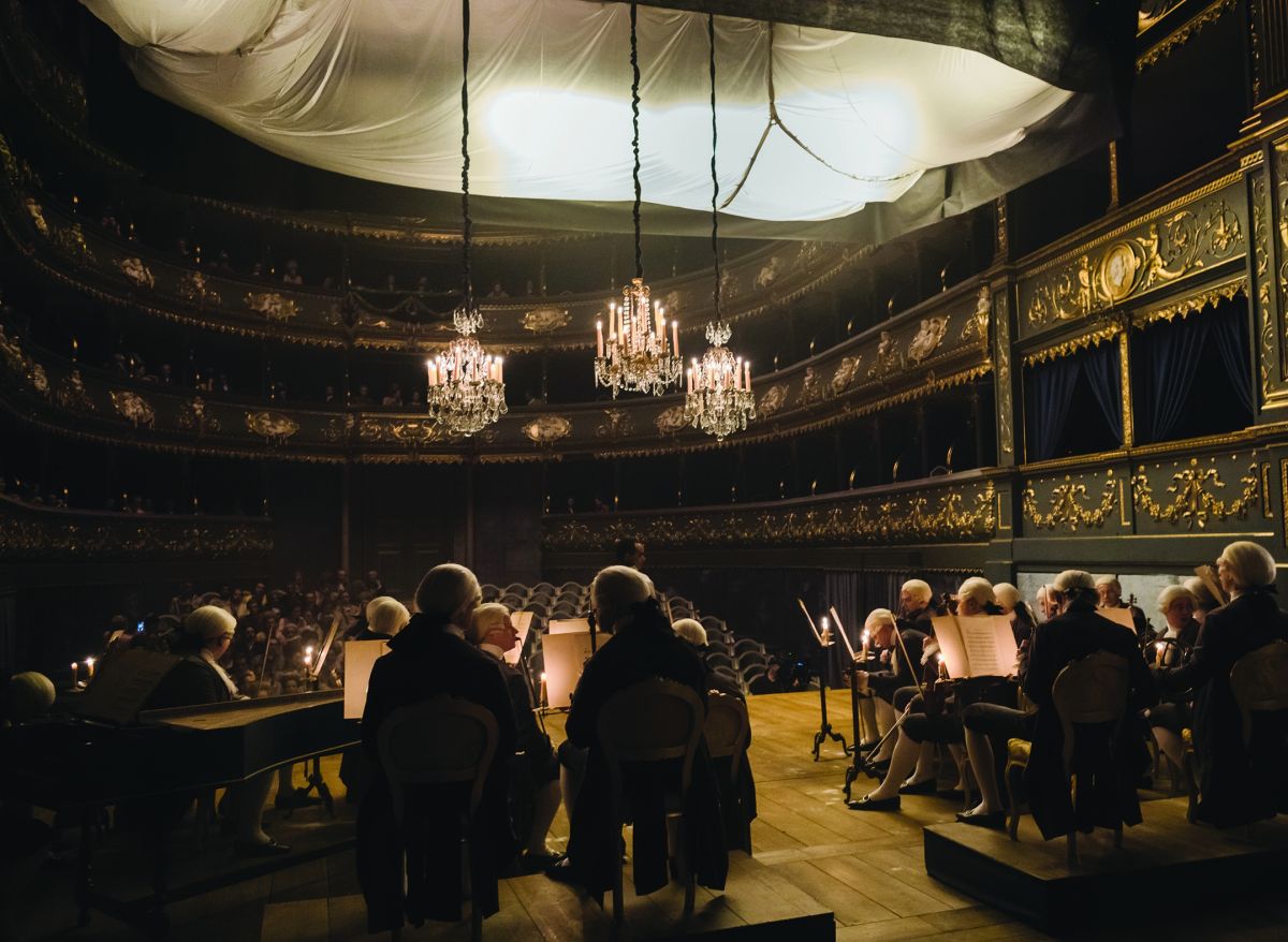 An overhead light rig was deployed to illuminate the concert hall where Bologne duels Mozart.