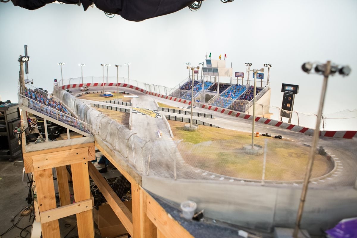 The 6'x12' figure-eight mini-speedway was the largest and most challenging set to prepare for the production.