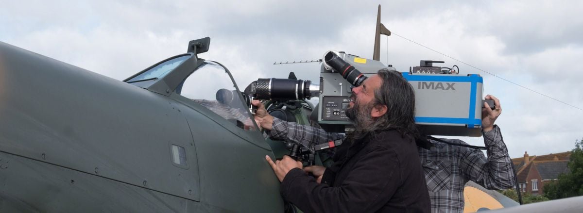 With the help of a custom-made snorkel lens, Hoyte ​van Hoytema lines up an Imax camera for a POV shot aboard a replica Spitfire.​