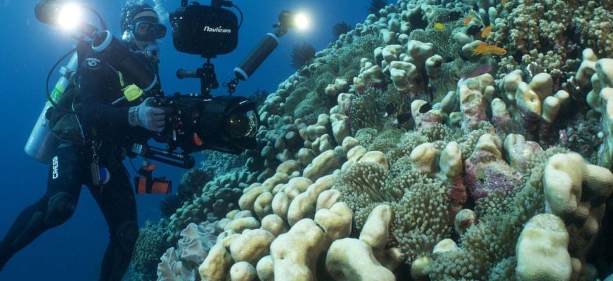 DoP Adam Geiger filming scenics on the Great Barrier Reef Photo Stuart Ireland