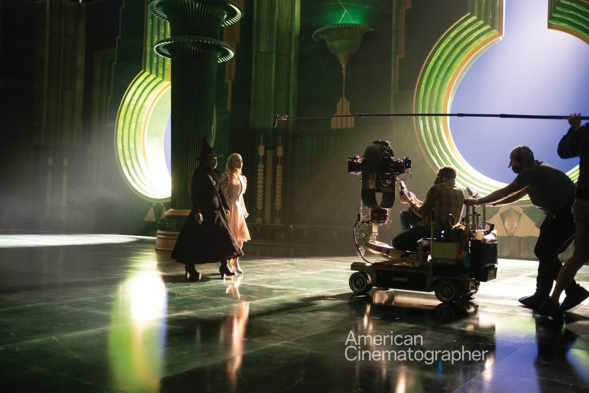 The crew tracks with Cynthia Erivo and Grande for an interior scene in the castle set, with the aid of a Chapman/Leonard dolly.