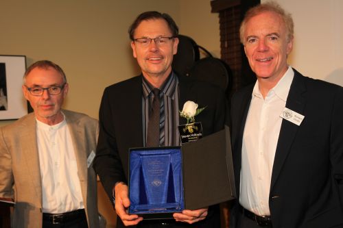 From left: John Toll, ASC; Steven Holloway; ASC President Richard Crudo. (Alex Lopez/ASC)