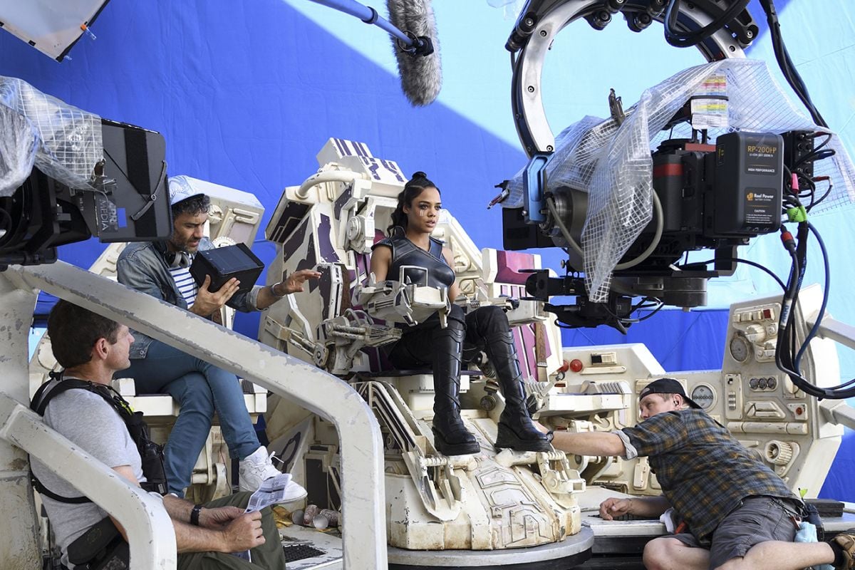 The crew readies a scene with Valkyrie (Tessa Thompson) piloting her ship.