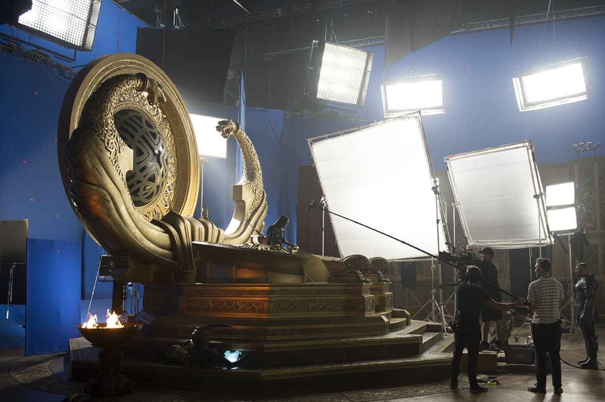 The crew captures a scene between Hela (Cate Blanchett) and Skurge in Asgard’s throne room.