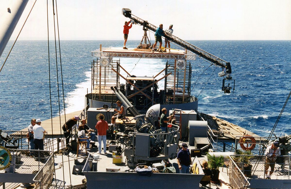 A shooting platform was built aboard a World War II liberty ship to photograph the ship's wake at speed, which was then composited into shots featuring the production's Titanic model surrounded by a CG ocean. (Photo by Cari Thomas)