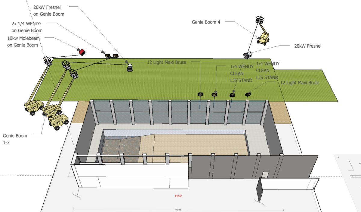 This lighting diagram illustrates the crew’s approach to lighting a swimming-pool interior.