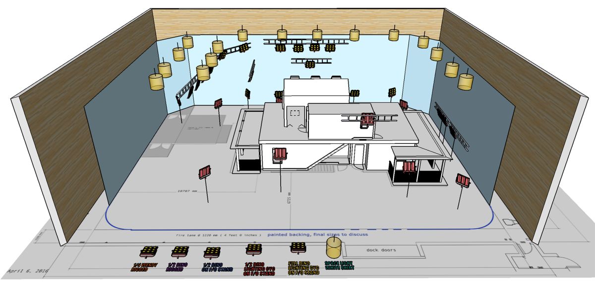 A 3D lighting plot for Lena’s home, a set that was constructed on stage.