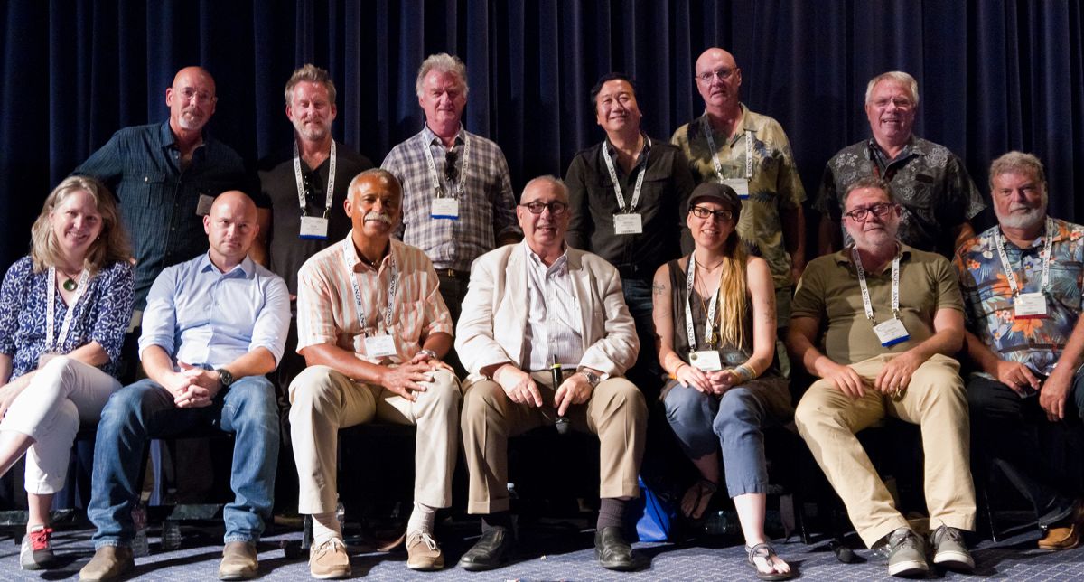 This all-star team of Society members held a “Dialogue with ASC Cinematographers” session at Cine Gear Expo in 2016 at the Sherry Lansing Theater on the Paramount Studios lot. They were (clockwise, from top row, left) Daniel Pearl, David Perkal, Chuck Minsky, Michael Goi, Bill Bennett, James Neihouse, Dean Cundey, Guillermo Navarro, Lisa Weigand, moderator George Spiro Dibie, Donald A. Morgan, Dave Klein and Cynthia Pusheck. (Photo by George Leon.)