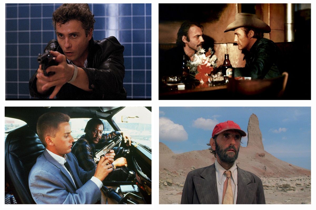 Images of America: (cockwise from top left) Müller’s work in To Live and Die in L.A.; The American Friend; Paris Texas; and Repo Man.