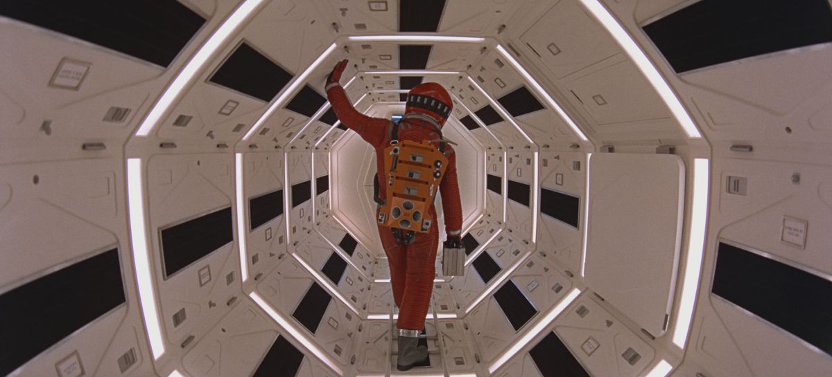 Astronaut Dave Bowman (Kier Dullea) on the set of the spaceship Discovery in 2001: A Space Odyssey (1968), directed by Stanley Kubrick, photographed by Geoffrey Unsworth, BSC and featuring exceptional production design by Tony Masters.