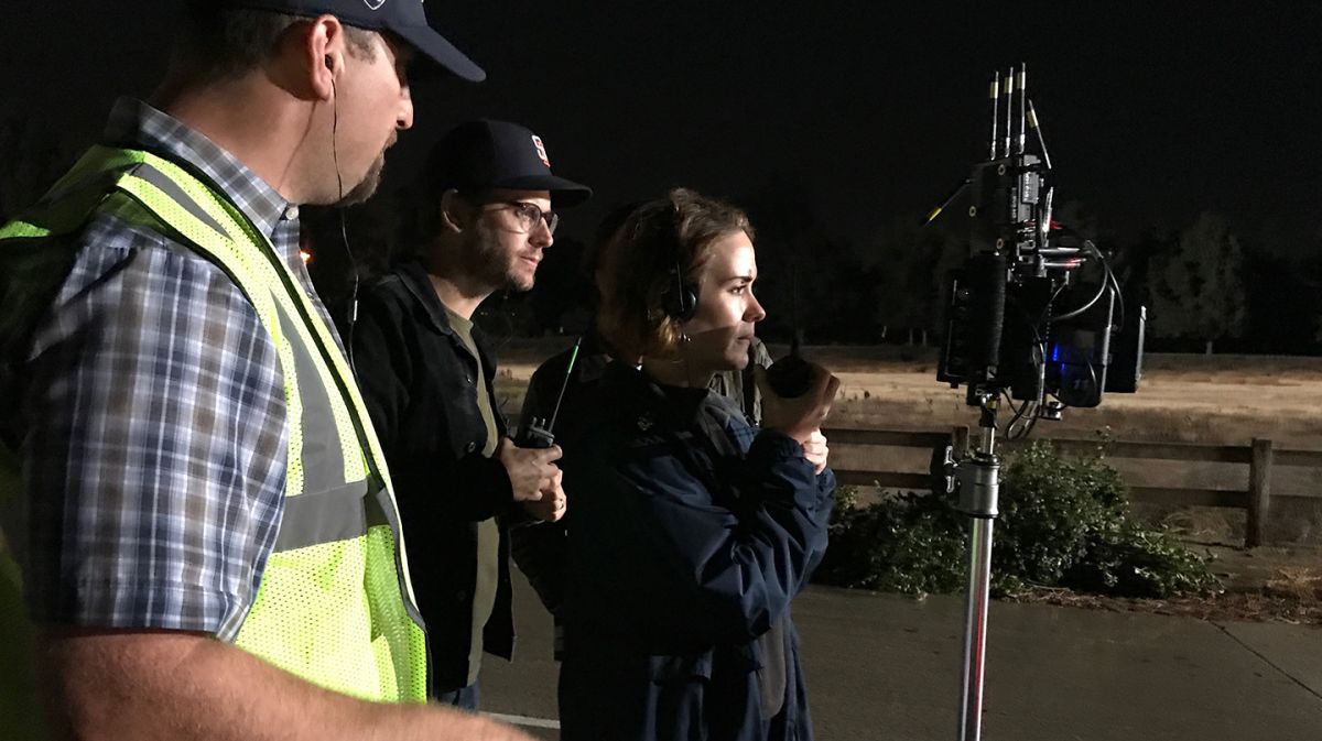 From left: 1st AD Dan Lazarovits, Kelly and director Sarah Paulson on set. "She has great sensibilities and is constantly pushing herself and the team creatively," Kelly says of Paulson as a director. (Photo courtesy of the cinematographer.)