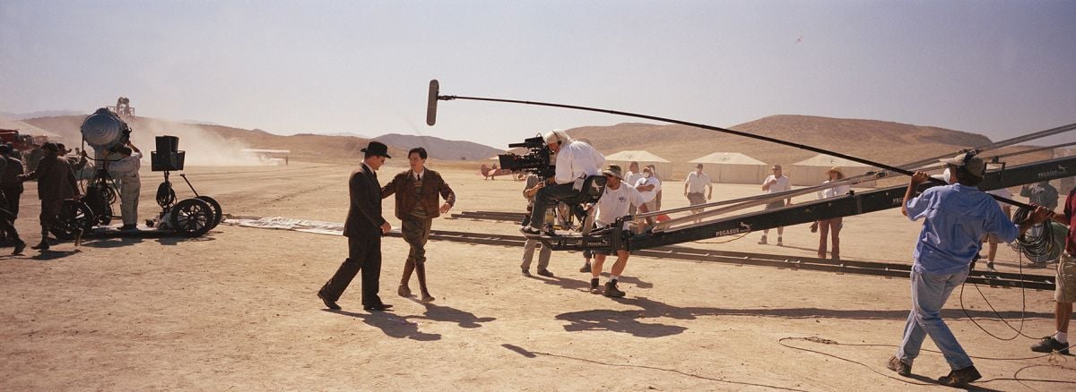 Richardson operates a crane shot on DiCaprio and John C. Reilly.