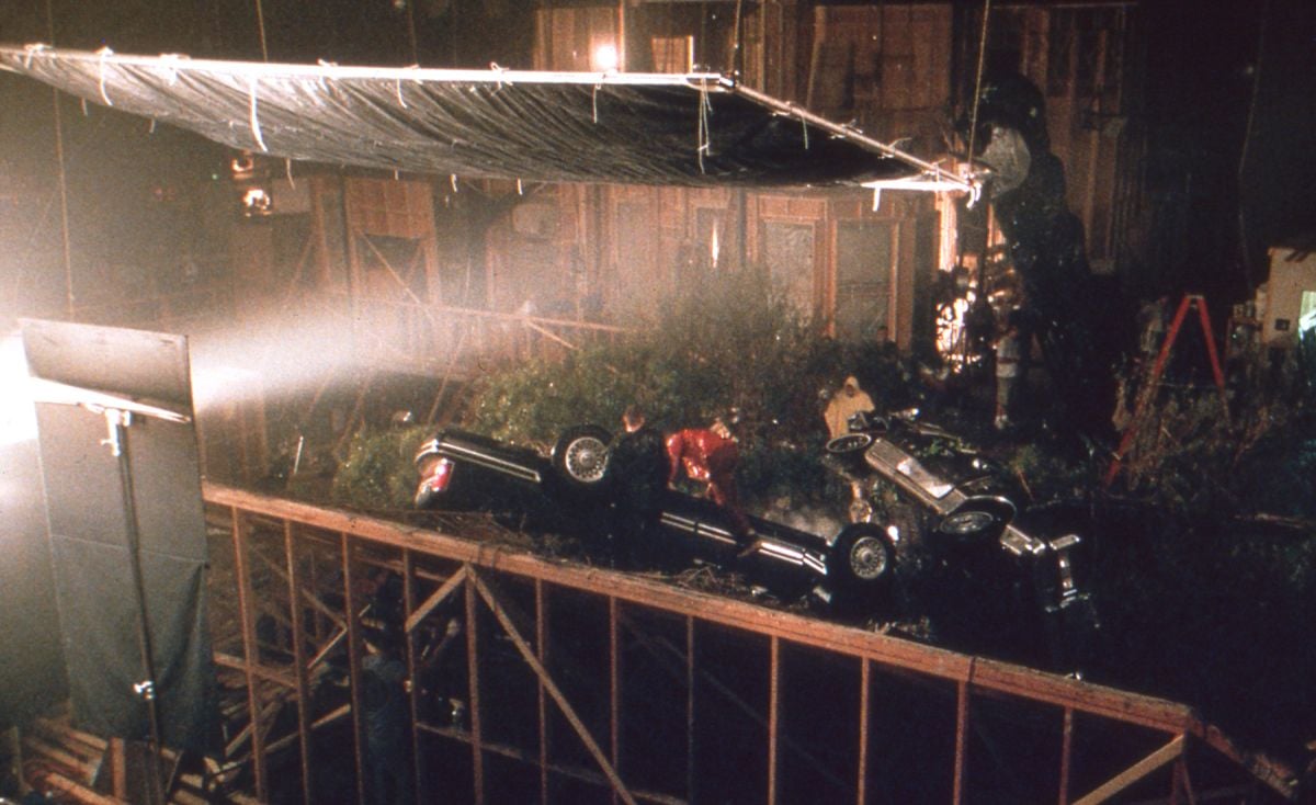 Shooting the aftermath of film’s car-crash scene on stage.