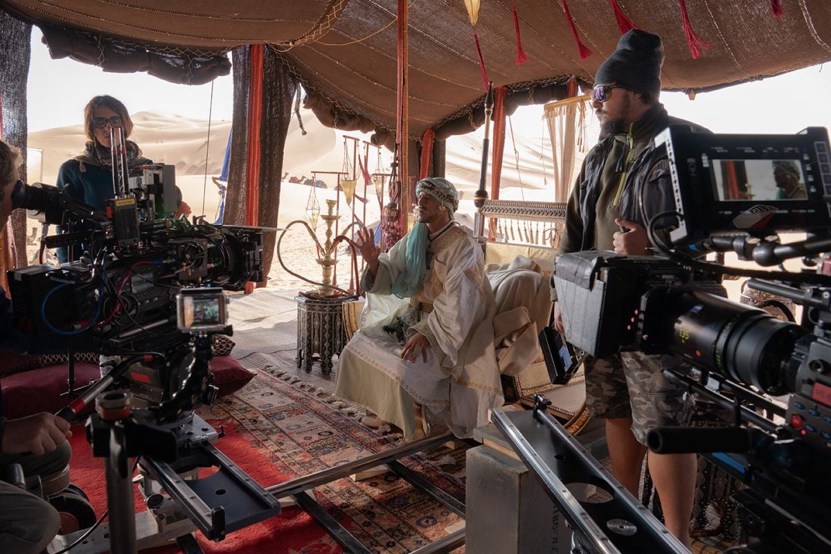 Two cameras frame-up on Saïd Taghmaoui (as the Elder) in an open-sided tent built on location in Morocco. (Photo by Mark Rogers.)