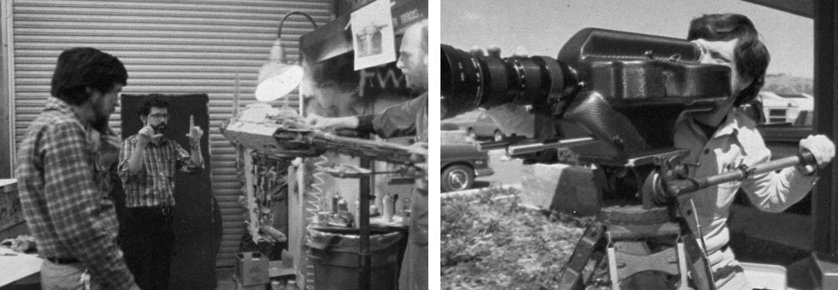 Left: George Lucas discussing a shot angle involving the Rebel cruiser with Edlund and model shot foreman Steve Gawley. (Photo by Miki Herman) Right: The Empire camera, built in three months’ time, being inspected by Edlund, prior to being sent to Norway. A prodigious accomplishment in design and construction, the camera was finished just in time for location shooting. (Photo by Howard Stein)