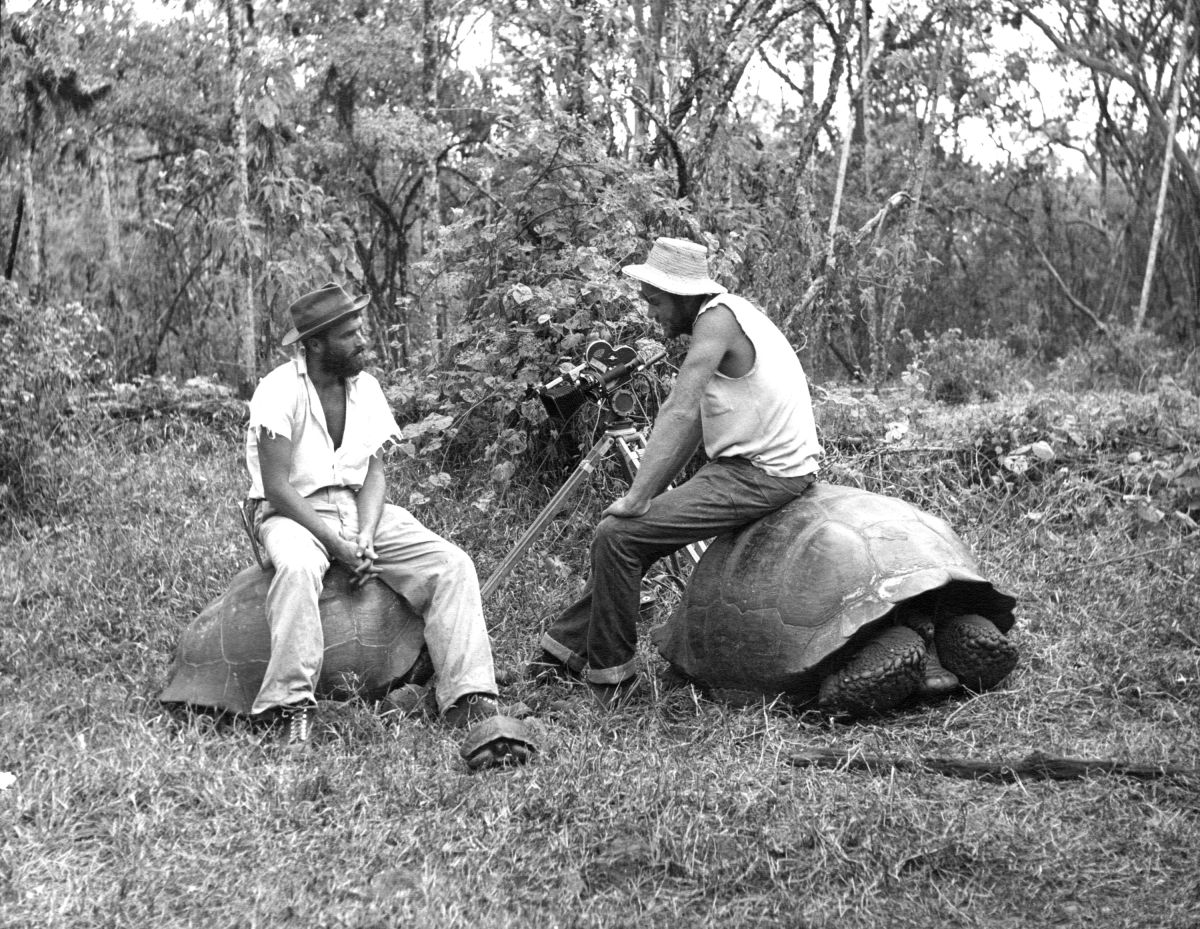 From left, Conrad L. Hall and Couffer shooting in the Galapagos Islands. Both would later become ASC members. (Photo from the ASC Archives)