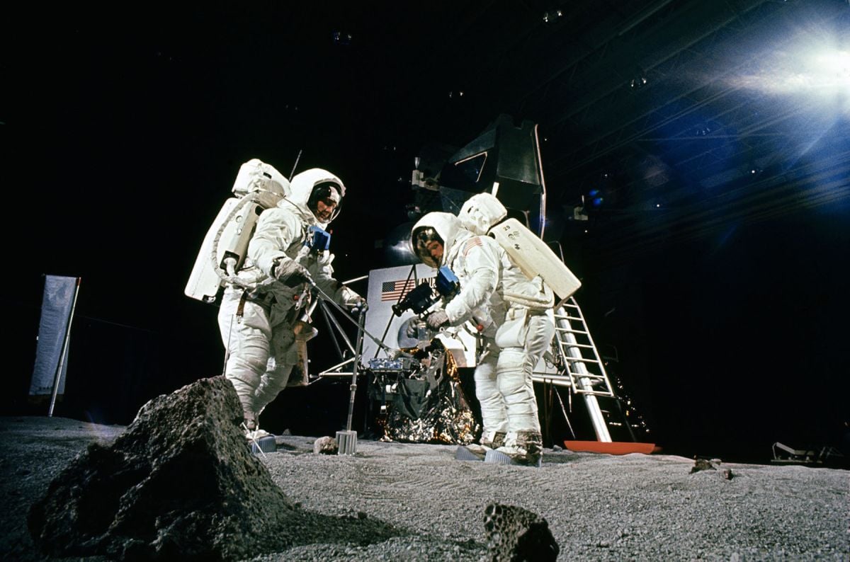 Rehearsal for a date with destiny: During simulation exercises, Neil Armstrong and "Buzz" Aldrin practiced setting up the various scientific experiments which kept them so busy when they actually made the first landing of man on the Moon.