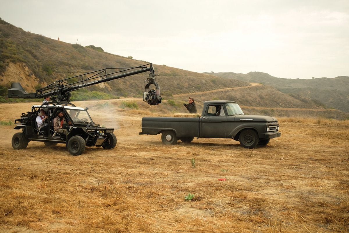 Working on location in Malibu’s Puerco Canyon, Richardson operates an Oculus-supported camera remotely from inside a four-seat Tomcar provided by Cinemoves.