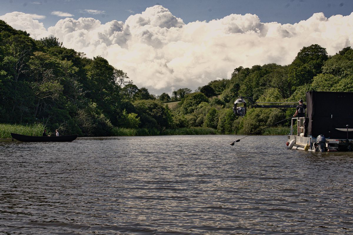 For this sequence on the water in Death and Nightingales, cinematographer Stephen Murphy explains, "key grip Ben Moseley used a Scorpio Stabilized Head on a [Grip Factory Munich] GF-8 crane rigged to a mobile pontoon, giving us flexibility to track with the canoes."