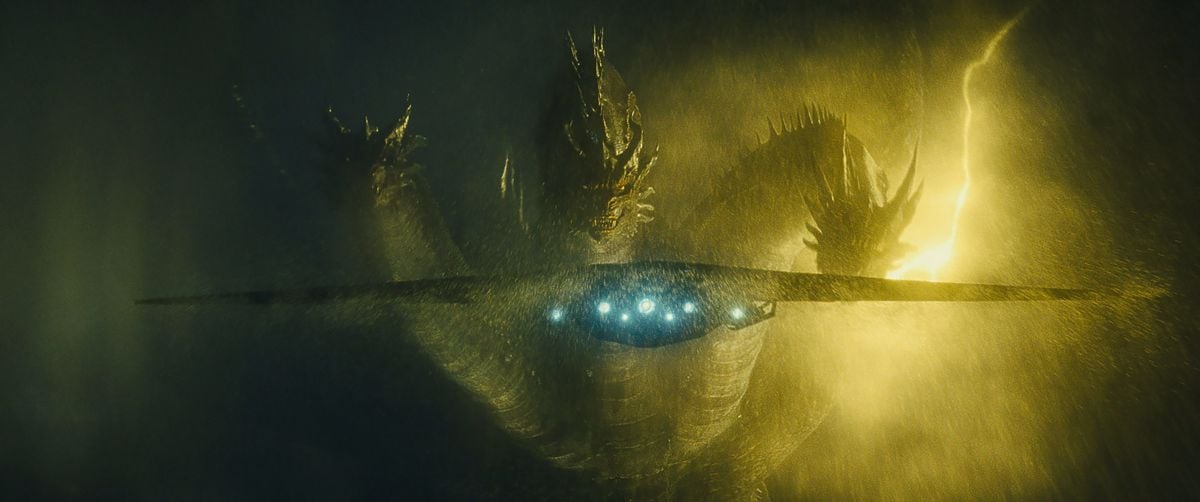 King Ghidorah stares down the Argo, a super-sized stealth bomber. Several vendors collaborated on the design of the creatures, who are supposed to measure as high as 400' tall. Among the vendors was special-effects house Amalgamated Dynamics Inc. — headed by Alec Gillis and Tom Woodruff Jr. — whose artists designed Rodan in clay, which thrilled Dougherty. “Their first stab was a beautiful, huge, sculpted Rodan maquette that took me back to being a kid reading Cinefex and Fangoria and seeing pictures of designers poring over beautiful clay sculpts,” the director says. While the monsters that appear onscreen are entirely digital creations, their movements benefited from motion-capture references that lent an organic quality based on actual real-world physics.