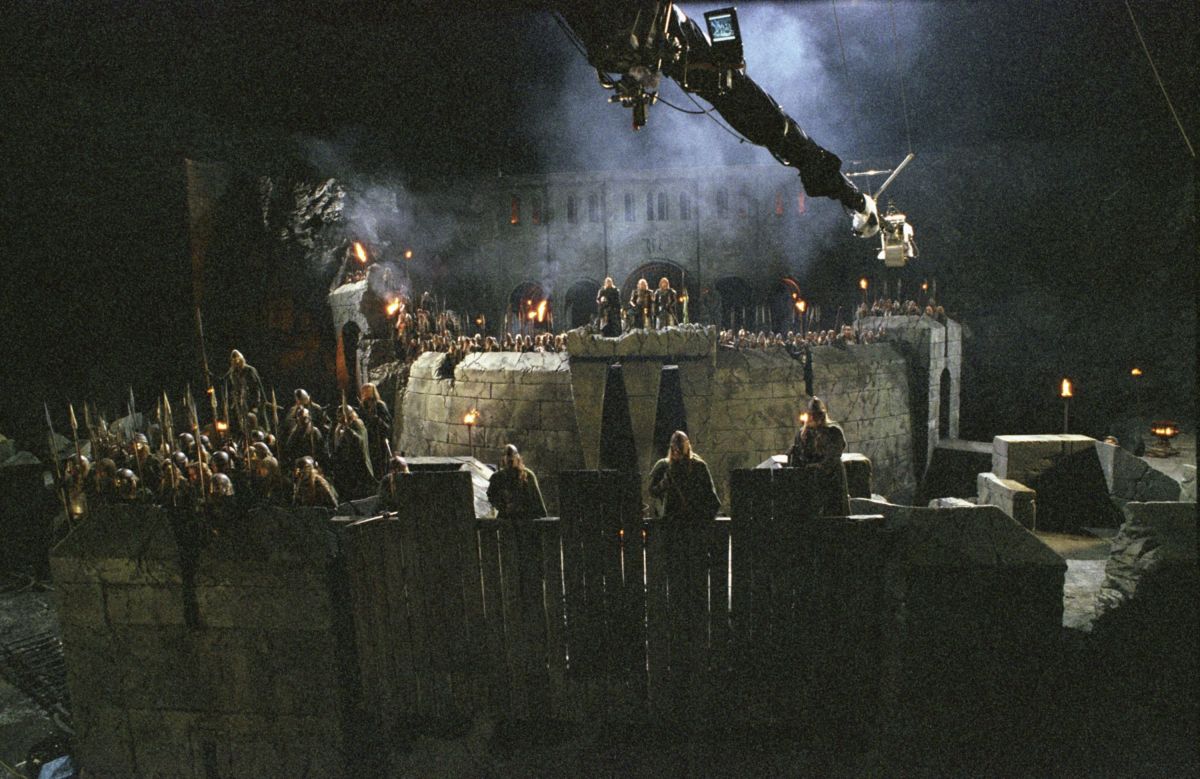 The crew uses a crane-mounted camera to capture the action atop the stone walls of the Hornburg Fortress, where the Battle at Helm's Deep will be waged.
