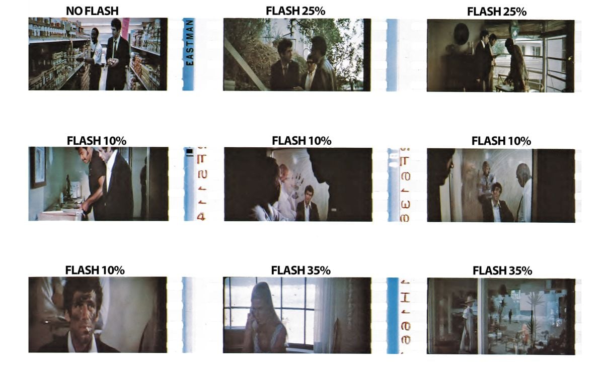 Frames from an anamorphic release print noting the amount of flashing that was done on various scenes. Note that the images have been de-squeezed for the sake of clarity.