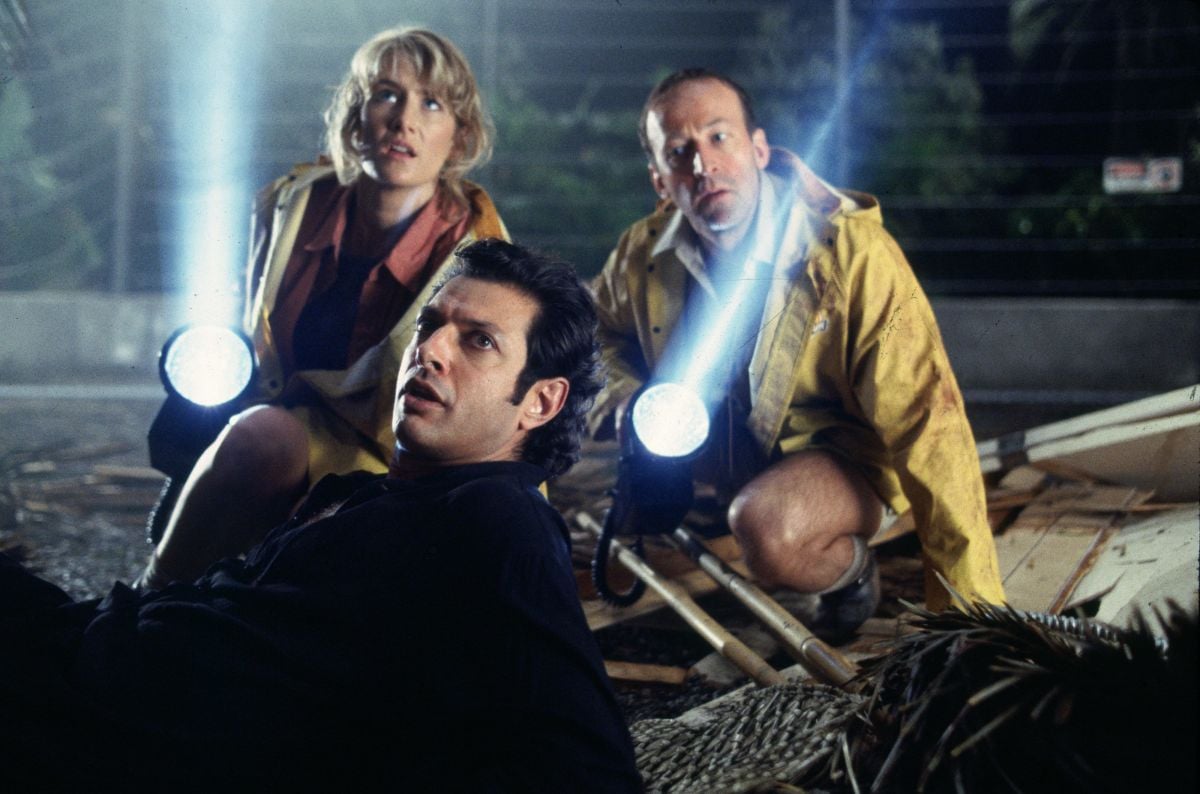 Ellie (Laura Dern), Malcolm (Jeff Goldblum) and Muldoon (Bob Peck) just before the big T-rex chase.