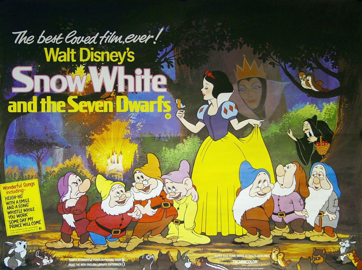 A quad movie poster from the UK release of Snow White and the Seven Dwarfs.