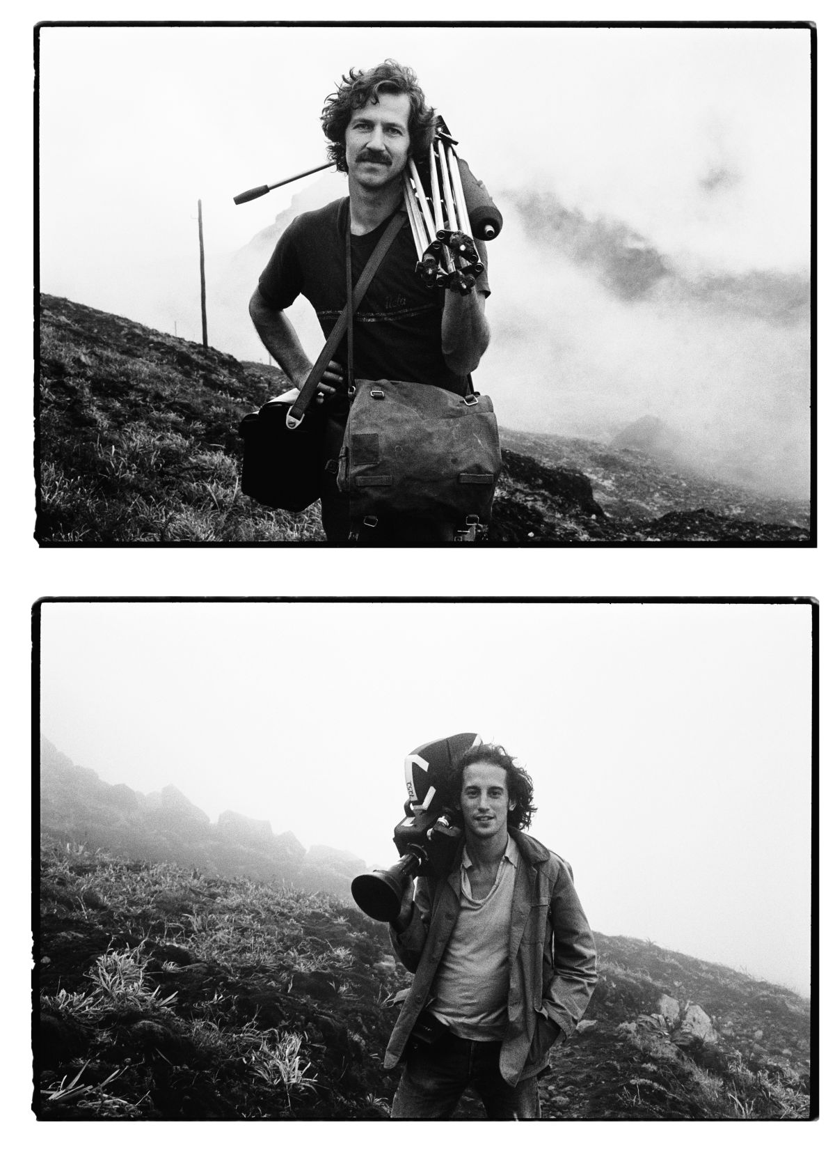 Herzog (with a Nagra recorder and sticks) prepares to climb an active volcano that is threatening to erupt. He’s there to shoot footage for his documentary La Soufrière — Waiting for an Inevitable Disaster (1976) on the island of Guadeloupe, along with his trusting cinematographer, Edward Lachman, ASC.