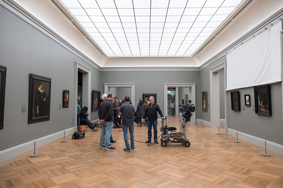 The filmmakers prepare a scene in the Met Museum gallery, a set built in a warehouse in Yonkers, N.Y.