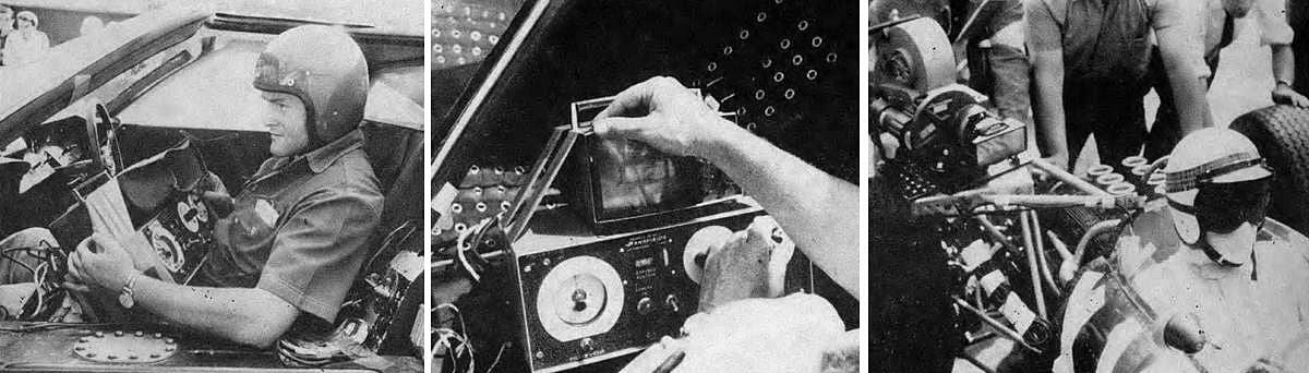 From left: Sitting in the passenger seat of the Ford GT camera car, the author prepares to operate the electronic control system for cameras. The unit weighs 12 pounds and is strapped around the operator's waist. The monitor has a leather hood to keep the sun off-screen, plus mask to match the field of the lens being used. Controls, reading from left, are: follow-focus, footage counter, on-off camera switch and “joystick” pan-tilt control. At right is a camera mounted with a 27mm lens for an over-shoulder shot of race driver Bob Bondurant as he doubles for actor Brian Bedford.