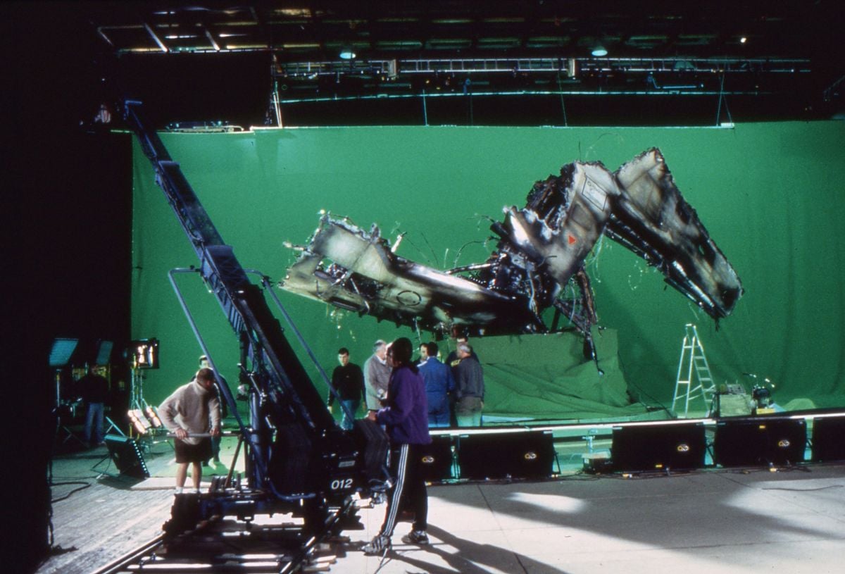 A section of the Lewis & Clark's exploded hull is shot against green-screen on Paramount's Stage E.