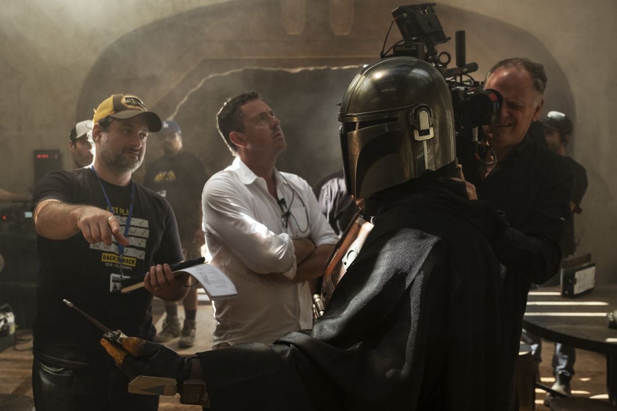 Director and executive producer Dave Filoni and cinematographers Greig Fraser, ASC, ACS (center) and Barry “Baz” Idoine (operating camera) on the set.