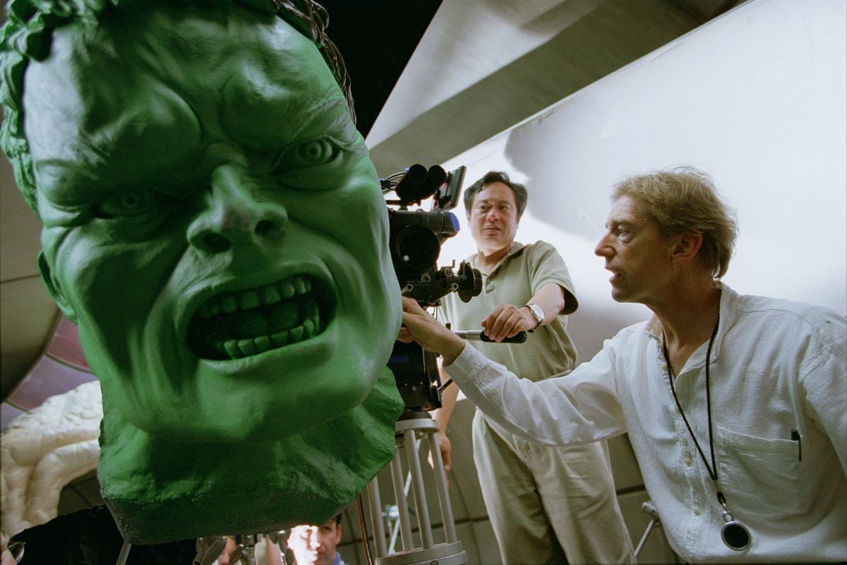 Lee and Elmes examine the lighting on a large-scale maquette of their titular star while making the superhero drama Hulk (2003). The statue would not appear on screen, but serves as an invaluable tool for the filmmakers, as well as a reference for visual effects supervisor Dennis Muren, ASC while overseeing the creation of the film's CG star.