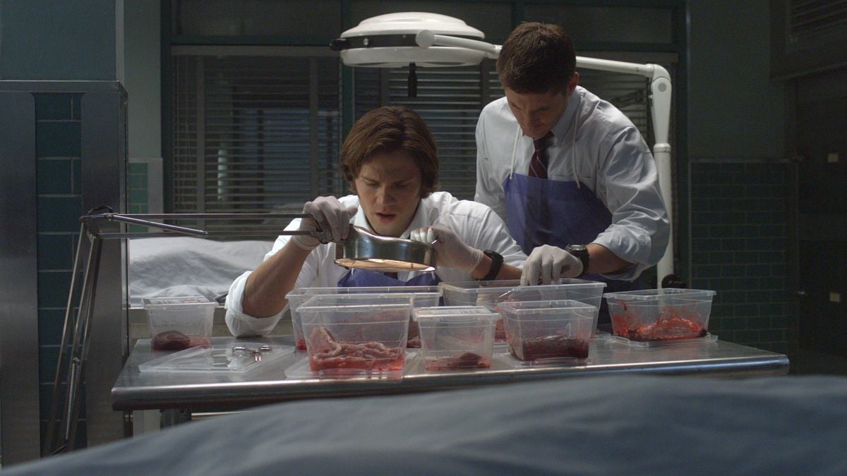 In one of the show’s many “morgue” scenes, Sam and Dean examine the bloody remains of an unlucky victim.