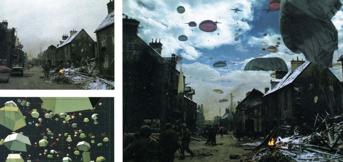 Easy Company holds the devastated town of Bastogne while surrounded by German forces. These composites, provided by Cinesite, show a sequence in which the troops receive a much-needed airborne resupply. The CG parachutes and C-47 planes were tracked into a shot of the battle-blasted town. The illustration at lower left shows low-res proxy representations of the parachutes, which were used to layout the shots in real-time. During the rendering phase, the proxys were automatically replaced with high-res versions. Smoke effects were added to the scene. (Note: Color timing of the series was not completed at press time, so these shots were manipulated in Photoshop to provide AC’s readers with an approximation of the scene’s actual timing, which will result in a bleached-out look with heightened blacks.)